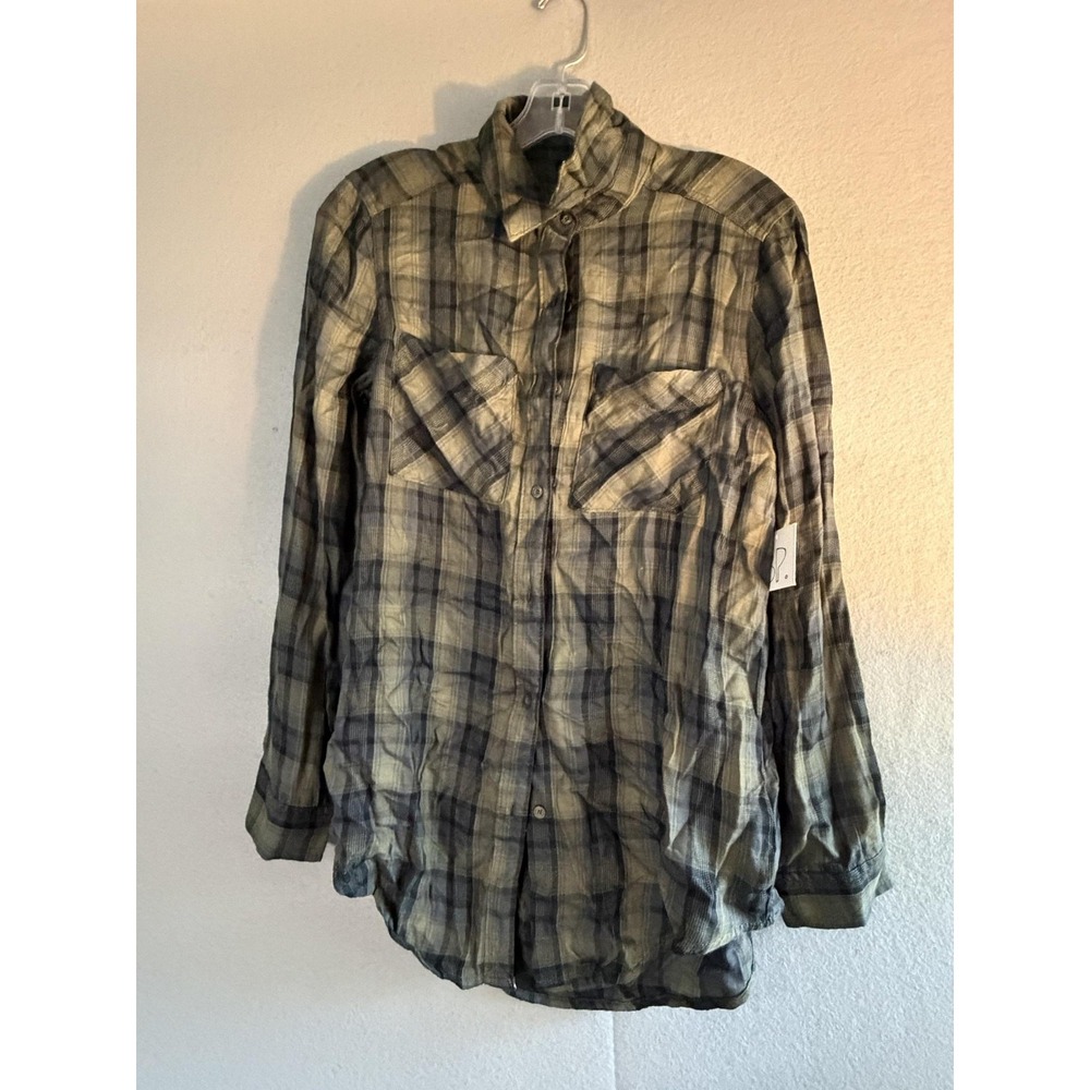BP. Button Up Shirt Womens XS Green Plaid Long Sleeve Sheer Tunic Top Olive